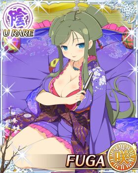 1girl blue_eyes border breasts card_(medium) character_name cleavage cleavage_cutout clothing_cutout covering_breasts covering_privates datehyogo english_text fuga_(senran_kagura) game_cg green_hair hair_ornament hand_fan kanzashi kunai_hair_ornament large_breasts long_hair looking_at_viewer mole mole_under_eye official_alternate_costume official_alternate_hairstyle official_art senran_kagura senran_kagura_new_wave sitting smile solo