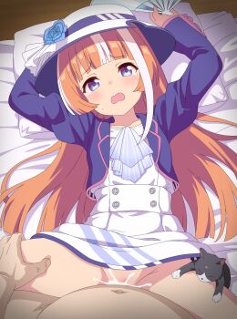 1boy 1girl absurdres akikawa_yayoi_(umamusume) animal blue_eyes cat censored clothed_female_nude_male cum cum_in_pussy cum_overflow eufoniuz hand_fan hat hetero highres holding holding_fan loli long_hair long_sleeves looking_at_viewer missionary mosaic_censoring multicolored_hair nude open_mouth orange_hair pov sex skirt streaked_hair tears umamusume white_hair white_hat white_skirt