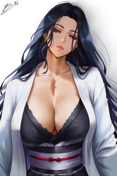 1girl absurdres alvsdraws black_hair black_kimono bleach blue_eyes breasts cleavage collarbone commentary earrings haori highres japanese_clothes jewelry kimono long_hair looking_at_viewer mature_female obi obijime parted_lips sash scar_on_sternum signature solo taichou_haori unohana_retsu white_background white_haori