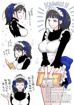 1girl apron black_hair black_shirt blunt_bangs frilled_apron frills grey_eyes hair_ornament highres maid maid_headdress menu miniskirt nico_robin one_piece ponytail shirt sidelocks skirt smile sparkle takara_op translation_request