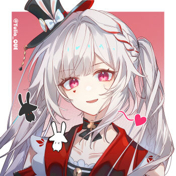 1girl absurdres animal_ears artist_name bow braid chinese_commentary choker collarbone commentary_request facial_mark hat heart highres honkai:_star_rail honkai_(series) lanmei_nai_fu_ye long_hair looking_at_viewer multicolored_hair open_mouth pink_eyes rabbit rabbit_ears red_eyes red_hair smile solo sparkle_(honkai:_star_rail) sparxie_(honkai:_star_rail) streaked_hair top_hat twintails upper_body white_hair