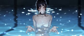 1girl absurdres beckoning black_choker black_hair breasts chainsaw_man choker collarbone commentary completely_nude fingernails green_eyes grenade_pin highres looking_at_viewer medium_breasts nude pool rakakim21112 refraction reze_(chainsaw_man) smile solo