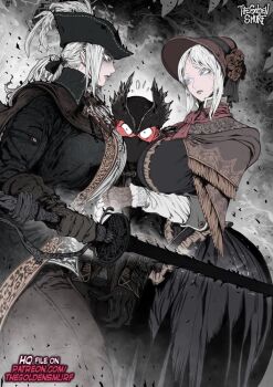 1boy 2girls alternate_breast_size artist_name ascot black_gloves blood blood_on_clothes blood_stain bloodborne blue_eyes blush bonnet breasts brown_bonnet brown_cloak chain cloak closed_mouth coat commentary cracked_skin doll_joints double_blade english_commentary english_text face_to_breasts flower fromsoftware full-face_blush gem gloves hat hat_feather holding holding_weapon hunter_(bloodborne) joints lady_maria_of_the_astral_clocktower large_breasts long_hair long_sleeves mask mouth_mask multiple_girls plain_doll ponytail rakuyo_(bloodborne) red_ascot red_bonnet rose short_hair tall_female the_golden_smurf tricorne weapon white_ascot white_hair