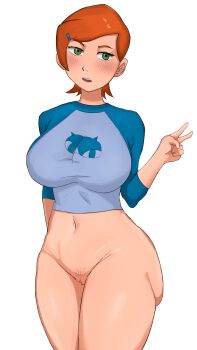 1girl absurdres ass bad_tag ben_10 bottomless breasts cleft_of_venus cowboy_shot female_focus green_eyes gwen_tennyson helmet highres huge_ass large_breasts looking_back orange_hair pussy solo solo_focus