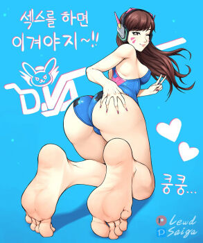 1girl adapted_costume armpits artist_name asian ass back barefoot blizzard_(company) blue_background blue_one-piece_swimsuit breasts brown_hair cameltoe character_name clenched_hand collarbone competition_swimsuit d.va_(overwatch) eyelashes facepaint feet female_focus fingernails foot_focus from_behind full_body grabbing_own_ass hand_up happy headgear heart kneeling korean_text legs lewdsaiga lips long_hair looking_at_viewer looking_back matching_hair/eyes medium_breasts nail_polish neck one-piece_swimsuit one_eye_closed overwatch pale_skin petite pink_nails rabbit shoulder_blades sideboob sidelocks skin_tight smile soles swept_bangs swimsuit thighs toes translation_request turning_head v wink