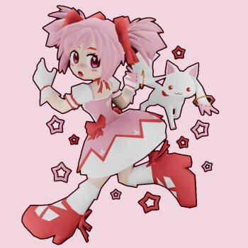 1girl 3d_pearls animal_ears blender_(medium) blush bow cat_ears kaname_madoka kaname_madoka_(magical_girl) kyubey looking_back mahou_shoujo_madoka_magica mahou_shoujo_madoka_magica_(anime) pink_background pink_eyes pink_hair red_bow red_ribbon red_shoes ribbon shoes short_twintails star_(symbol) twintails