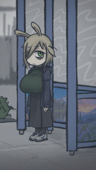 Rule 34 | 1girl, bags under eyes, black skirt, black thighhighs, blonde hair, blue jacket, breasts, bus stop, closed mouth, from side, grass, green hair, green sweater, grey shoes, huge breasts, jacket, looking at viewer, mentha (menthalovely), mint (menthalovely), original, outdoors, rabbit ears, rabbit girl, shoes, short hair, skirt, solo, standing, sweater, thighhighs