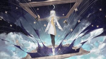 1girl absurdres black_pantyhose blonde_hair boots cloud crescent_moon dress familiar full_body grey_eyes grey_hair hair_over_one_eye highres isekaijoucho kamitsubaki_studio long_hair looking_at_viewer moon multicolored_hair pantyhose picture_frame sky solo star_(sky) starry_sky surreal two-tone_hair yuzu_(yuzusuke10)