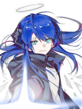 1girl arknights black_jacket blue_eyes blue_hair chinese_commentary closed_mouth commentary_request demon_horns detached_wings floating_hair glint glowing halo highres horns jacket long_hair looking_at_viewer mostima_(arknights) pitaya_shua shirt simple_background smile solo upper_body white_background white_shirt wings