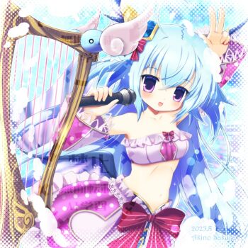 Rule 34 | 1girl, akino sakura, artist name, blue hair, breasts, dated, detached sleeves, emil chronicle online, frilled skirt, frilled tube top, frills, hair ornament, harp, holding, holding microphone, horns, instrument, long hair, lorelei lore, medium breasts, mermaid, microphone, monster girl, music, navel, open mouth, pink skirt, pink sleeves, pink tube top, purple eyes, singing, skirt, smile, solo, strapless, tube top, w