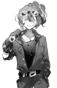 1girl bad_id bad_twitter_id belt cookie_run cookie_run:_ovenbreak cowboy_shot croissant_cookie gloves goggles goggles_on_head greyscale hand_in_pocket holding holding_wrench humanization inactive_account jumpsuit looking_at_viewer monochrome nana_(ebitokanimiso) painttool_sai_(medium) ponytail shirt short_hair short_ponytail simple_background sketch solo tomboy white_background wrench