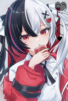 Rule 34 | 1girl, black hair, bow, commentary request, drink carton, hair bow, hair ornament, heart, heart hair ornament, highres, holding, holding drink carton, holding juice box, jacket, juice box, lacrimosa (neverness to everness), looking at viewer, multicolored hair, neverness to everness, nmnmpngr, off shoulder, orange eyes, red jacket, shirt, solo, split-color hair, star-shaped pupils, star (symbol), symbol-shaped pupils, twitter username, upper body, white bow, white hair, white shirt