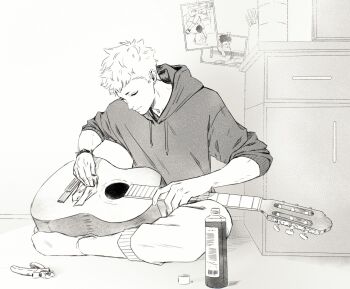 Rule 34 | 1boy, acoustic guitar, bottle, bracelet, closed eyes, closed mouth, commentary, desk, drawstring, english commentary, greyscale, guitar, highres, holding, hood, hood down, hoodie, instrument, jewelry, male focus, monochrome, pants, persona, persona 5, poster (object), raph (raphodraws), sakamoto ryuuji, short hair, sitting, sleeves rolled up, smile, socks, solo, sweatpants