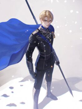 Rule 34 | 1boy, armor, belt, belt buckle, black pants, black shirt, blonde hair, blue belt, blue cape, blue eyes, buckle, cape, chest belt, closed mouth, commentary, commentary request, dimitri alexandre blaiddyd, english commentary, fire emblem, fire emblem: three houses, floating cape, greaves, highres, holding, holding polearm, holding weapon, long sleeves, looking at viewer, male focus, mixed-language commentary, nintendo, pants, parted hair, polearm, shirt, short hair, snow, snowing, solo, standing, weapon, wrainbow13