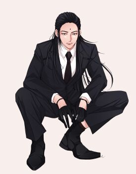 1boy bindi black_footwear black_gloves black_hair black_jacket black_pants black_suit brown_eyes dress_shoes final_fantasy final_fantasy_vii final_fantasy_vii_remake formal_clothes full_body gloves grey_background hair_pulled_back highres jacket long_hair looking_at_viewer male_focus necktie pants shirt solo square_enix squatting suit tseng turks_(ff7) white_shirt y_skk