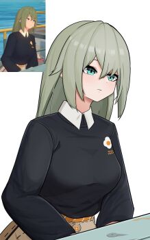 1girl absurdres black_shirt breasts closed_mouth commentary_request cosmetic_koucha game_screenshot_inset green_eyes green_hair hair_between_eyes highres long_hair long_sleeves mole mole_under_eye screenshot_inset shirt simple_background sitting solo table venus_(zenless_zone_zero) white_background zenless_zone_zero