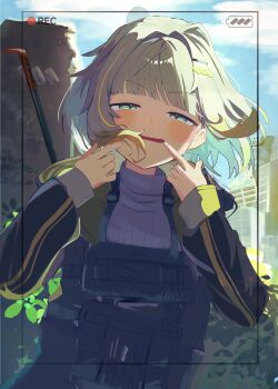 1girl a.i._voice absurdres alternate_costume battery_indicator black_jacket blonde_hair blonde_streaks blunt_bangs blush building chest_rig cloud cloudy_sky commentary_request crowbar fingers_to_cheeks floating_hair gradient_hair green_eyes green_hair hair_intakes hair_ornament hairclip hands_up highres hood hooded_jacket jacket leaning_to_the_side looking_at_viewer multicolored_hair outdoors overgrown post-apocalypse recording sabiaji_(gama_ou) short_hair sidelighting sidelocks sky smile solo squinting standing streaked_hair sunlight sweater tsunose_kotone tsunose_kotone_(tsubomi) turtleneck turtleneck_sweater two-sided_fabric two-sided_jacket upper_body viewfinder white_sweater writing_on_wall