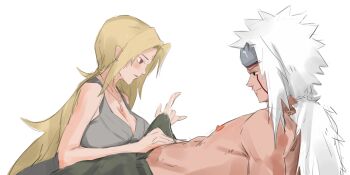 Rule 34 | 1boy, 1girl, black eyes, blonde hair, breasts, brown eyes, bulge, cum, cum in clothes, cum through clothes, drizzle 13, erection, erection under clothes, handjob, handjob over clothes, highres, japanese clothes, jiraiya (naruto), kimono, large breasts, long hair, looking at another, looking at penis, naruto (classic), naruto (series), naruto shippuuden, netorare, pants, penis, penis grab, ponytail, precum, precum string, shirtless, topless female, topless male, tsunade (naruto), very long hair, white hair