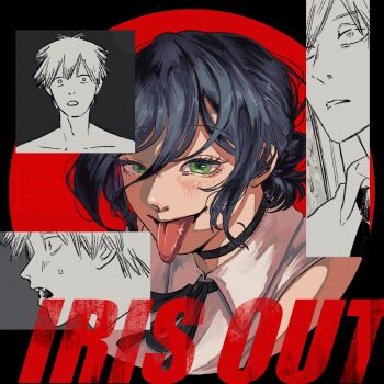 1boy 1girl bare_shoulders black_choker black_necktie black_ribbon blue_hair blush chainsaw_man choker collared_shirt denji_(chainsaw_man) english_text green_eyes hair_between_eyes hair_bun highres kaerukerokeroo looking_at_another medium_hair neck_ribbon necktie parted_lips reze_(chainsaw_man) ribbon shirt short_hair sleeveless sleeveless_shirt sweatdrop tongue tongue_out topless_male updo white_shirt