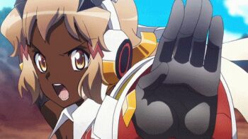 1girl animated animated_gif armor armored_boots armored_dress blonde_hair boots dark-skinned_female dark_skin dress magical_girl melaningifs purple_eyes scarf senki_zesshou_symphogear tachibana_hibiki_(symphogear) third-party_edit