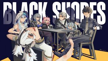 2boys 5girls aalto_(wuthering_waves) absurdres black_hair black_jacket blue_hair buling_(wuthering_waves) camellya_(wuthering_waves) chair collared_jacket galbrena_(wuthering_waves) grey_shirt hair_extensions highres indoors jacket lennykaise long_hair male_rover_(wuthering_waves) multiple_boys multiple_girls open_mouth pink_hair ring_hair_extensions rover_(wuthering_waves) shirt shorekeeper_(wuthering_waves) short_hair sitting smile table wuthering_waves