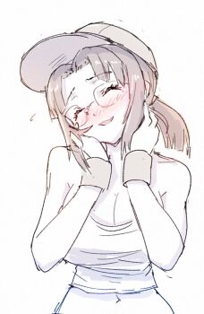 Rule 34 | blush, closed eyes, commentary, crop top, field cap, fio germi, glasses, hat, madsensei, metal slug, military, ponytail, round eyewear, simple background, smile, solo, symbol-only commentary, white background