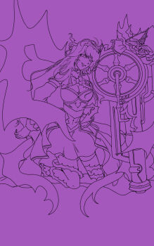 1girl asagi_blue33 big_breasts breasts cannon chaos_aurora_(grimms_notes) grimms_notes hairband highres holding holding_cannon holding_weapon kneeling large_breasts line_art long_hair midriff monochrome navel open_mouth smile solo thorns unfinished weapon