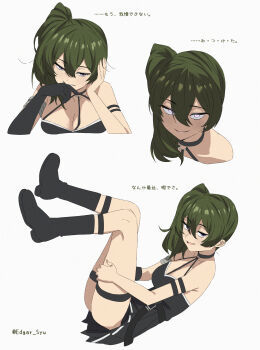 1girl absurdres arm_strap bare_shoulders black_choker black_dress breasts choker cleavage commentary_request dress edgar_syu finger_in_own_mouth gloves green_hair hair_between_eyes hand_in_mouth head_rest highres jitome long_hair looking_at_viewer multiple_views o-ring o-ring_choker pleated_dress purple_eyes side_ponytail single_glove smile solo sousou_no_frieren thigh_strap ubel_(sousou_no_frieren) white_background