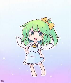 1girl 216 ascot blue_background blue_skirt blue_vest bow chibi chibi_only collared_shirt commentary daiyousei fairy fairy_wings frilled_skirt frills gradient_background green_eyes green_hair hair_bow looking_at_viewer open_mouth purple_background shirt short_sleeves signature skirt smile solo touhou vest white_shirt wings yellow_ascot yellow_bow