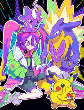 1girl black_background black_jumpsuit blonde_hair blue_eyes coat commentary controller emphasis_lines gen_1_pokemon gen_8_pokemon gloves green_sleeves grin hatsune_miku highres holding holding_remote_control jumpsuit knee_up long_hair long_sleeves looking_at_object multicolored_eyes multicolored_hair nagomi_(_nagomi_) nintendo open_clothes open_coat outline pikachu pink_eyes pink_gloves pink_hair platform_footwear poison_miku_(project_voltage) poke_ball pokemon pokemon_(creature) project_voltage puffy_long_sleeves puffy_sleeves purple_hair purple_outline remote_control robot short_jumpsuit sitting smile solo toxel toxtricity toxtricity_(amped) twintails very_long_hair vocaloid zipper zipper_pull_tab