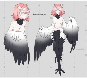 1girl absurdres bird_legs bird_tail black_feathers black_wings breasts claws commentary digitigrade english_commentary feathers gradient_wings grey_background hair_between_eyes hair_ornament hairclip harpy highres medium_breasts monster_girl multicolored_wings multiple_views navel nipples nude original pink_eyes pink_hair short_hair slit_pupils standing standing_on_one_leg tail talons twitter_username unreal_fish white_feathers white_wings wings
