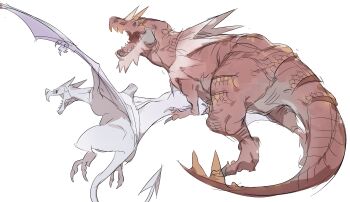 Rule 34 | aerodactyl, claws, dinosaur, fangs, full body, gen 1 pokemon, gen 6 pokemon, highres, nintendo, no humans, open mouth, pokemon, pokemon (creature), pokemon focus, rkrekrnl1, sharp teeth, simple background, tail, teeth, tyrantrum, white background, wings