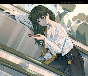 1girl backpack bag bag_charm bird black_hair black_pants bob_cut boo_(mario) brown_eyes cellphone cellphone_charm charm_(object) chinese_commentary collarbone commentary_request duck english_text escalator feet_out_of_frame front-tie_top glasses hair_behind_ear head_tilt highres holding jacket long_hair long_sleeves looking_at_phone office_lady_taiwan original pants people phone pink_lips ponytail see-through_clothes see-through_shirt shirt short_hair shoulder_bag sleeveless sleeveless_turtleneck smartphone solo_focus standing tank_top tennohi turtleneck white_tank_top wide-leg_pants yellow_bag