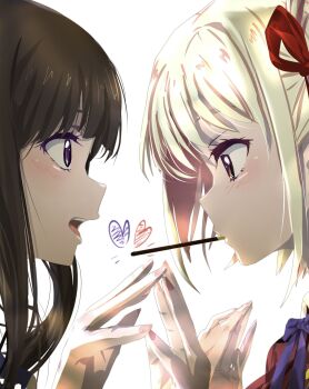 2girls black_hair blush commentary dress food food_in_mouth hair_ribbon hand_on_another's_hand heart highres imminent_pocky_kiss inoue_takina long_hair looking_at_another lycoris_recoil mouth_hold multiple_girls nishikigi_chisato open_mouth pocky pocky_in_mouth purple_eyes red_dress red_eyes red_ribbon ribbon sengoku_chidori short_hair simple_background teeth untranslatable_commentary upper_teeth_only white_background yuri