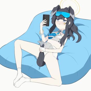 Rule 34 | 1girl, animal ears, animated, black hair, black tail, blue archive, blue eyes, blue pillow, bracelet, breasts, cellphone, cheerleader, closed mouth, detached collar, dog ears, dog girl, dog tail, eyewear on head, fingernails, glasses, gloves, halo, hand up, handjob gesture, hibiki (blue archive), highres, holding, holding phone, implied handjob, implied masturbation, jewelry, jitome, legs, light blush, long hair, looking at phone, lying, medium breasts, midriff, millennium cheerleader outfit (blue archive), nose, on back, panties, partially fingerless gloves, phone, pillow, pleated skirt, sexually suggestive, sidelocks, simple background, simulated handjob, skirt, smartphone, socks, solo, spread legs, star (symbol), sticker, sticker on face, tail, thighs, underwear, upskirt, video, white background, white gloves, white panties, white skirt, white socks, xenorange, yellow halo