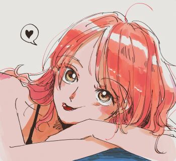 1girl bare_shoulders blush close-up closed_mouth commentary_request elbow_rest head_rest heart hebi_d_hebi highres lipstick long_hair looking_at_viewer makeup nami_(one_piece) one_piece orange_eyes orange_hair red_lips simple_background solo spoken_heart strap upper_body wavy_hair