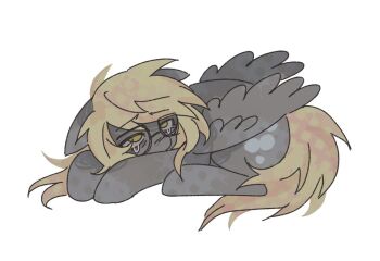 1girl blonde_hair commentary crying crying_with_eyes_open curled_up derpy_hooves derpymccallion english_commentary exhausted feathered_wings full_body glasses leaning_forward long_hair my_little_pony my_little_pony:_friendship_is_magic on_ground pony_(animal) solo tears wings yellow_eyes