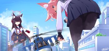 6+girls absurdres aircraft animal_ear_fluff animal_ears artist_name attack_helicopter black_gloves black_hair black_pantyhose black_sailor_collar black_skirt blue_archive blue_eyes blue_halo blue_sky brown_hair building city cloud commentary day english_commentary fake_animal_ears fingerless_gloves fox_ears fox_girl giant giantess gloves halo headset helicopter highres kelerst long_hair long_sleeves looking_at_viewer military_vehicle miyako_(blue_archive) miyu_(blue_archive) moe_(blue_archive) multiple_girls neckerchief niko_(blue_archive) open_mouth outdoors paid_reward_available panties panties_under_pantyhose pantyhose pink_hair pleated_skirt ponytail rabbit_ears rabbit_platoon_(blue_archive) red_eyes red_gloves red_halo red_neckerchief sailor_collar saki_(blue_archive) school_uniform serafuku shirt short_hair skirt sky underwear white_hair white_shirt yukino_(blue_archive)