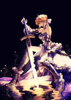 1girl absurdres ahoge armor armored_boots artoria_pendragon_(fate) bare_shoulders black_background blonde_hair blue_bow boots bow braid breasts bun_with_braided_base collar detached_sleeves dress excalibur_(fate/stay_night) fate/stay_night fate_(series) gloves green_eyes hair_bow high_heel_boots high_heels highres holding holding_sword holding_weapon jarrchesky saber_(fate) sidelocks solo sword weapon white_gloves