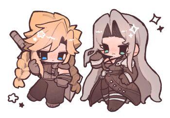 2girls :3 armor black_coat blonde_hair blue_eyes blush blym7oym7759061 braid breasts buster_sword chibi chibi_only closed_mouth cloud_strife coat commentary_request final_fantasy final_fantasy_vii full_body genderswap genderswap_(mtf) gloves green_eyes grey_hair highres long_hair multiple_girls pauldrons sephiroth shoulder_armor sparkle spiked_hair standing twin_braids white_background