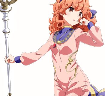 1girl breasts brown_eyes collar covered_navel curly_hair donguri_(reji22) dress fingernails fire_emblem fire_emblem_echoes:_shadows_of_valentia fluffy_hair genny_(fire_emblem) hairband highres holding holding_staff jewelry looking_to_the_side nintendo orange_hair pink_dress simple_background small_breasts solo staff upper_body white_background