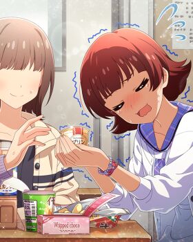 blush bracelet brown_hair buttons card_(medium) closed_eyes desk door english_text faceless food game_cg holding idolmaster idolmaster_million_live! idolmaster_million_live!_theater_days japanese_text jewelry nonohara_akane official_art open_mouth red_hair tears