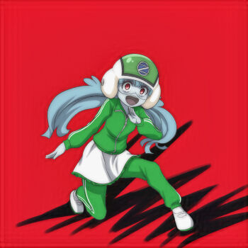 1girl blue_hair blush breasts colored_skin green_helmet green_jacket green_pants grey_skin helmet hoshikawa_lily jacket long_hair long_sleeves looking_at_viewer low_twintails on_one_knee open_mouth pants red_eyes shoes skirt small_breasts smile socks superhero_costume t_jiroo_(ringofriend) teeth track_jacket track_pants track_suit twintails uwabaki white_shoes white_skirt white_socks zombie zombie_land_saga