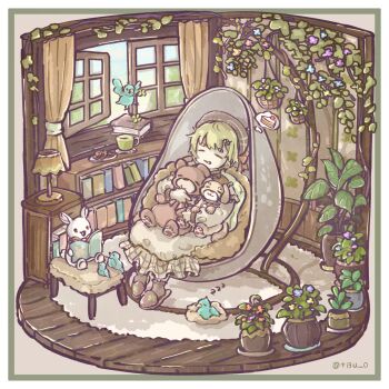 1girl animal bear bird blonde_hair book bookshelf brown_dress brown_hat brown_slippers cake cake_slice chigu closed_eyes closed_mouth commentary_request cookie cup curtains dog dress food full_body hat highres holding holding_animal holding_book indoors lamp long_sleeves open_book original plant plate potted_plant rabbit short_hair sitting sleeping slippers smile solo speech_bubble spoken_food teacup thick_eyebrows thought_bubble window zzz