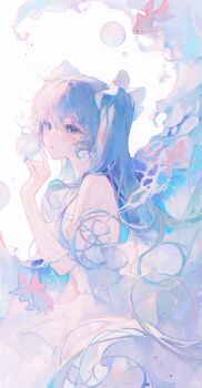 1girl absurdres blue_eyes blue_hair bubble commentary cowboy_shot dress fish from_side goldfish hair_ribbon hand_up hatsune_miku highres liquid long_hair looking_at_viewer maccha_(mochancc) number_tattoo ribbon symbol-only_commentary tattoo twintails very_long_hair vocaloid white_background white_dress