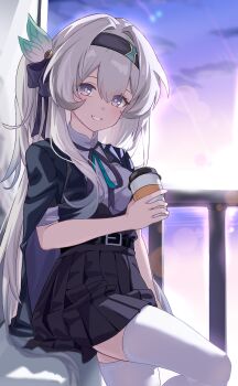 1girl absurdres belt black_belt black_hairband black_jacket black_skirt cup disposable_cup firefly_(honkai:_star_rail) firefly_(jepella_rebellion)_(honkai:_star_rail) grey_hair hair_between_eyes hair_ornament hairband highres holding holding_cup honkai:_star_rail honkai_(series) jacket jacket_on_shoulders long_hair looking_at_viewer ningmeng_zizi official_alternate_costume pink_eyes pleated_skirt shirt short_sleeves skirt solo thighhighs white_shirt white_thighhighs