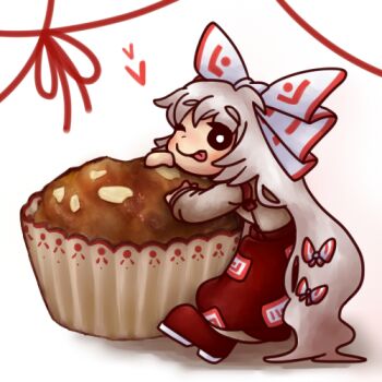 1girl :p bow chibi chibi_only food fujiwara_no_mokou hair_bow hijiri_(xxhizirixx) long_hair long_sleeves looking_at_viewer lowres muffin ofuda ofuda_on_clothes oversized_food oversized_object pants red_pants shirt smile solo suspenders tongue tongue_out touhou very_long_hair white_bow white_hair white_shirt