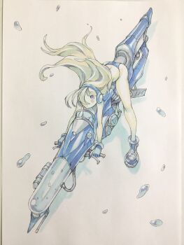 1girl bare_legs bikini blonde_hair blue_bikini blue_boots blue_eyes blue_gloves boots closed_mouth commentary floating_hair from_above gloves hair_over_one_eye headphones highres leaning_forward long_hair looking_up motor_vehicle motorcycle on_motorcycle original peter_salt science_fiction solo swimsuit traditional_media water water_drop