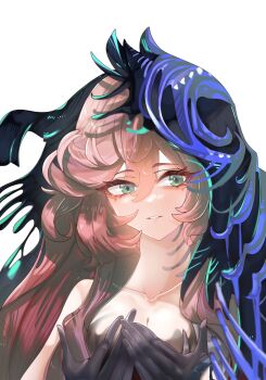 Rule 34 | 1girl, aqua eyes, black dress, black hands, black veil, blue veil, blush, breasts, chimera, cleavage, collarbone, colored extremities, commentary, dress, ekf voddl, hair between eyes, hands up, highres, long hair, looking at viewer, medium breasts, monster girl, nautika (reverse:1999), parted lips, pink hair, plunging neckline, reverse:1999, sidelocks, single bare shoulder, solo, standing, strapless, strapless dress, two-tone veil, upper body, veil, very long hair