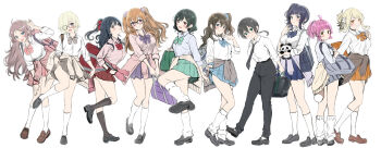 6+girls absurdres ahoge asaka_karin bag bespectacled black_hair black_necktie black_pants black_socks blonde_hair blue_bow blue_bowtie blue_eyes blue_scrunchie blue_skirt blush bow bowtie brown_hair cardigan cardigan_around_waist clothes_around_waist collared_shirt commentary_request full_body glasses green_bow green_bowtie green_hair green_skirt grey_bow grey_bowtie grey_skirt gyarugasaki hair_bow hair_ornament hair_over_one_eye hair_scrunchie highres holding holding_bag kneehighs konoe_kanata loafers long_hair looking_at_viewer loose_socks love_live! love_live!_nijigasaki_high_school_idol_club mia_taylor mifune_shioriko miniskirt miyashita_ai multiple_girls necktie official_alternate_costume official_alternate_hairstyle open_collar orange_bow orange_bowtie orange_eyes orange_skirt osaka_shizuku pants pink_bow pink_bowtie pink_hair pink_scrunchie pink_shirt pink_skirt pleated_skirt ponytail purple_bow purple_bowtie purple_eyes purple_skirt red_bow red_bowtie red_eyes red_scrunchie red_skirt sankuro_(agoitei) school_bag scrunchie shirt shoes short_hair side_ponytail simple_background skirt smile socks standing stuffed_animal stuffed_panda stuffed_toy takasaki_yu tennoji_rina twintails white_background white_shirt white_socks wrist_scrunchie yuki_setsuna zhong_lanzhu